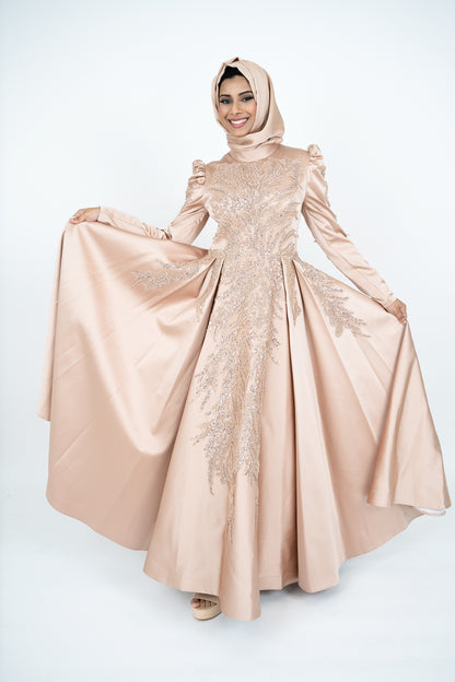 Luxorious Gold Islamic Evening Dresses High Neck Hijab Formal Party Gown Arabic Long Sleeve Islamic Kaftan