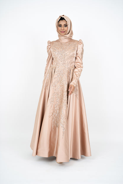 Luxorious Gold Islamic Evening Dresses High Neck Hijab Formal Party Gown Arabic Long Sleeve Islamic Kaftan