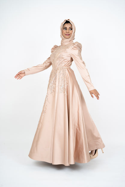 Luxorious Gold Islamic Evening Dresses High Neck Hijab Formal Party Gown Arabic Long Sleeve Islamic Kaftan