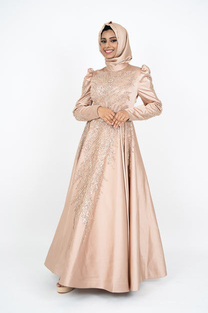 Luxorious Gold Islamic Evening Dresses High Neck Hijab Formal Party Gown Arabic Long Sleeve Islamic Kaftan