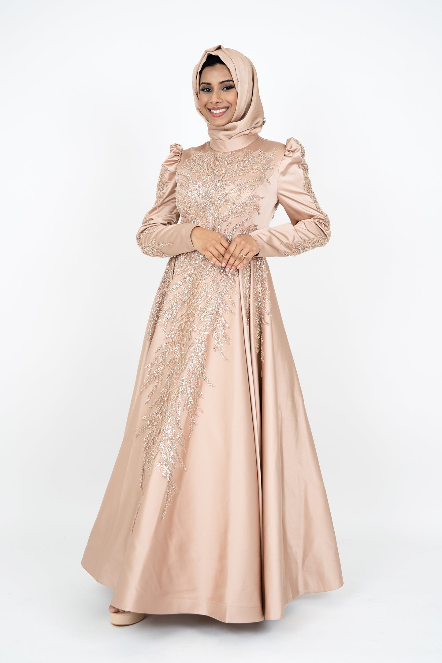 Luxorious Gold Islamic Evening Dresses High Neck Hijab Formal Party Gown Arabic Long Sleeve Islamic Kaftan