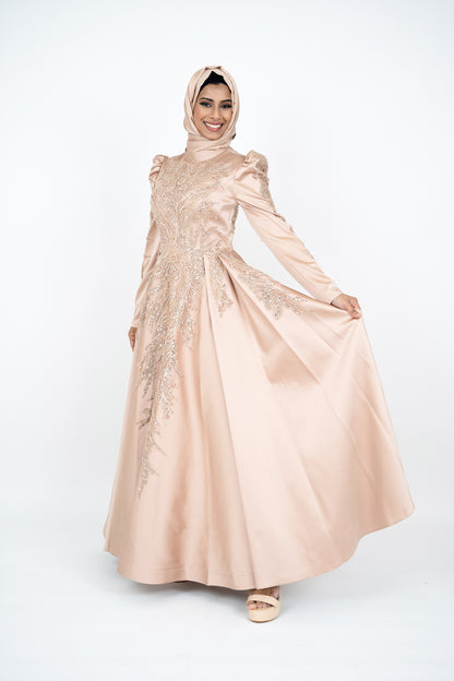 Luxorious Gold Islamic Evening Dresses High Neck Hijab Formal Party Gown Arabic Long Sleeve Islamic Kaftan