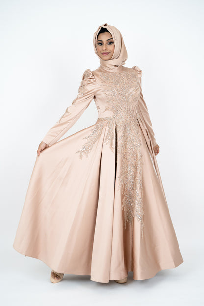 Luxorious Gold Islamic Evening Dresses High Neck Hijab Formal Party Gown Arabic Long Sleeve Islamic Kaftan