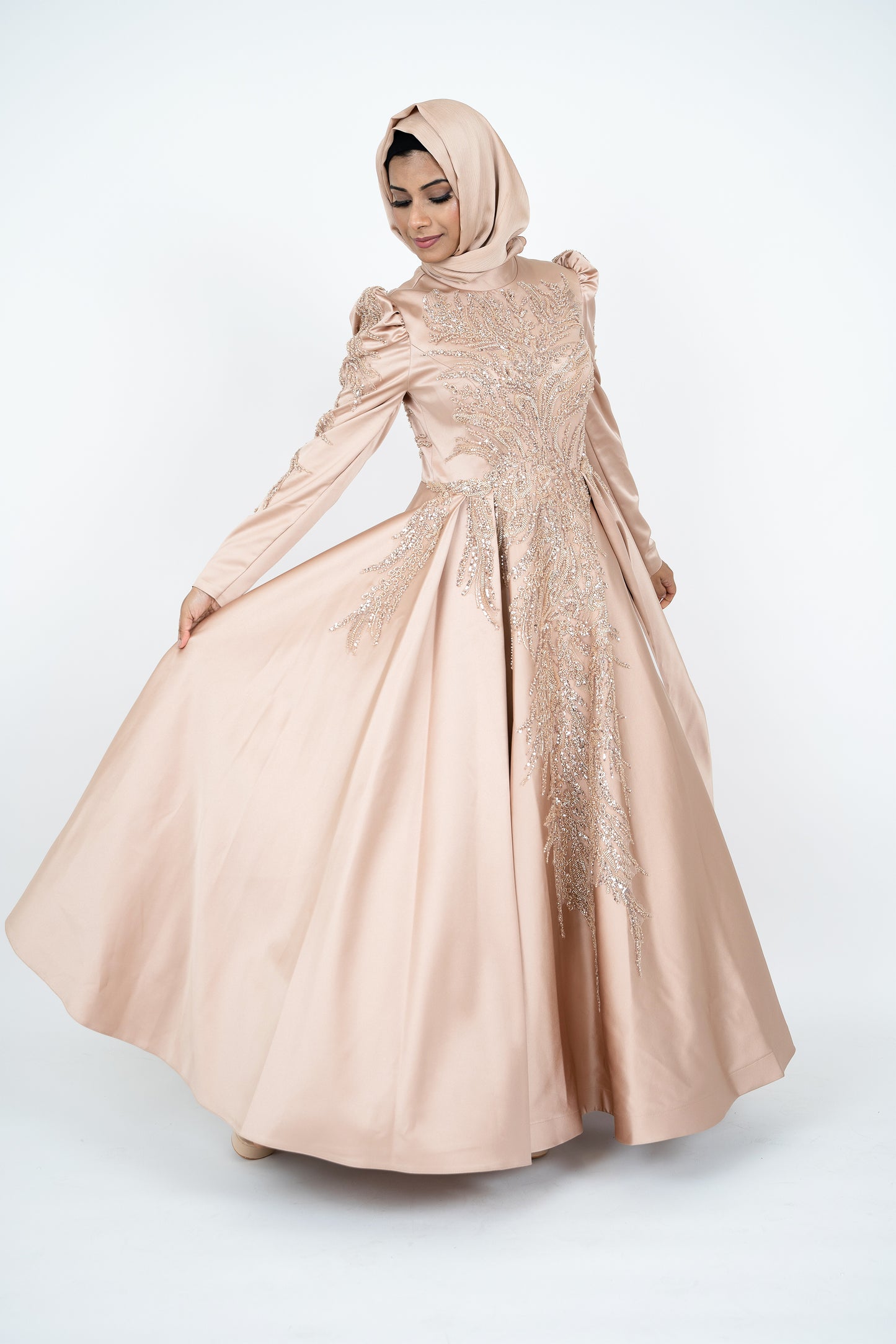 Luxorious Gold Islamic Evening Dresses High Neck Hijab Formal Party Gown Arabic Long Sleeve Islamic Kaftan