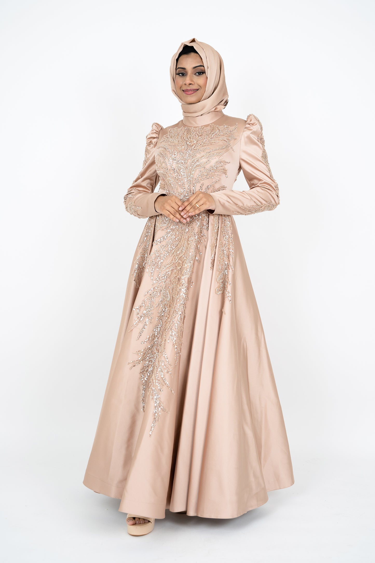 Luxorious Gold Islamic Evening Dresses High Neck Hijab Formal Party Gown Arabic Long Sleeve Islamic Kaftan