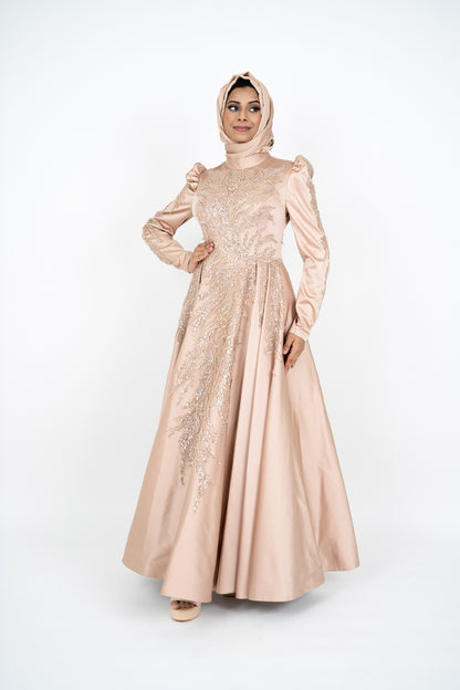 Luxorious Gold Islamic Evening Dresses High Neck Hijab Formal Party Gown Arabic Long Sleeve Islamic Kaftan