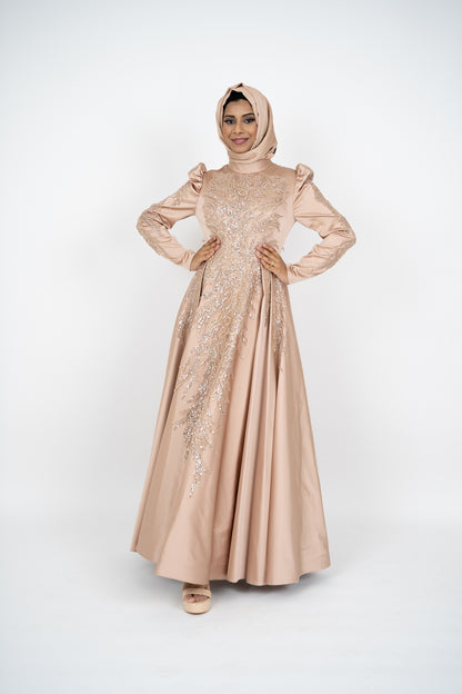 Luxorious Gold Islamic Evening Dresses High Neck Hijab Formal Party Gown Arabic Long Sleeve Islamic Kaftan