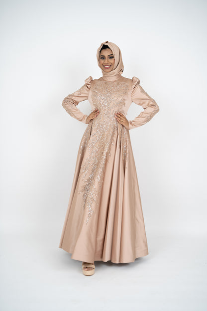 Luxorious Gold Islamic Evening Dresses High Neck Hijab Formal Party Gown Arabic Long Sleeve Islamic Kaftan