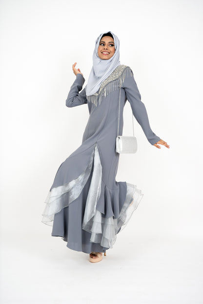 Grey Long Sleeve Muslim Evening Dress