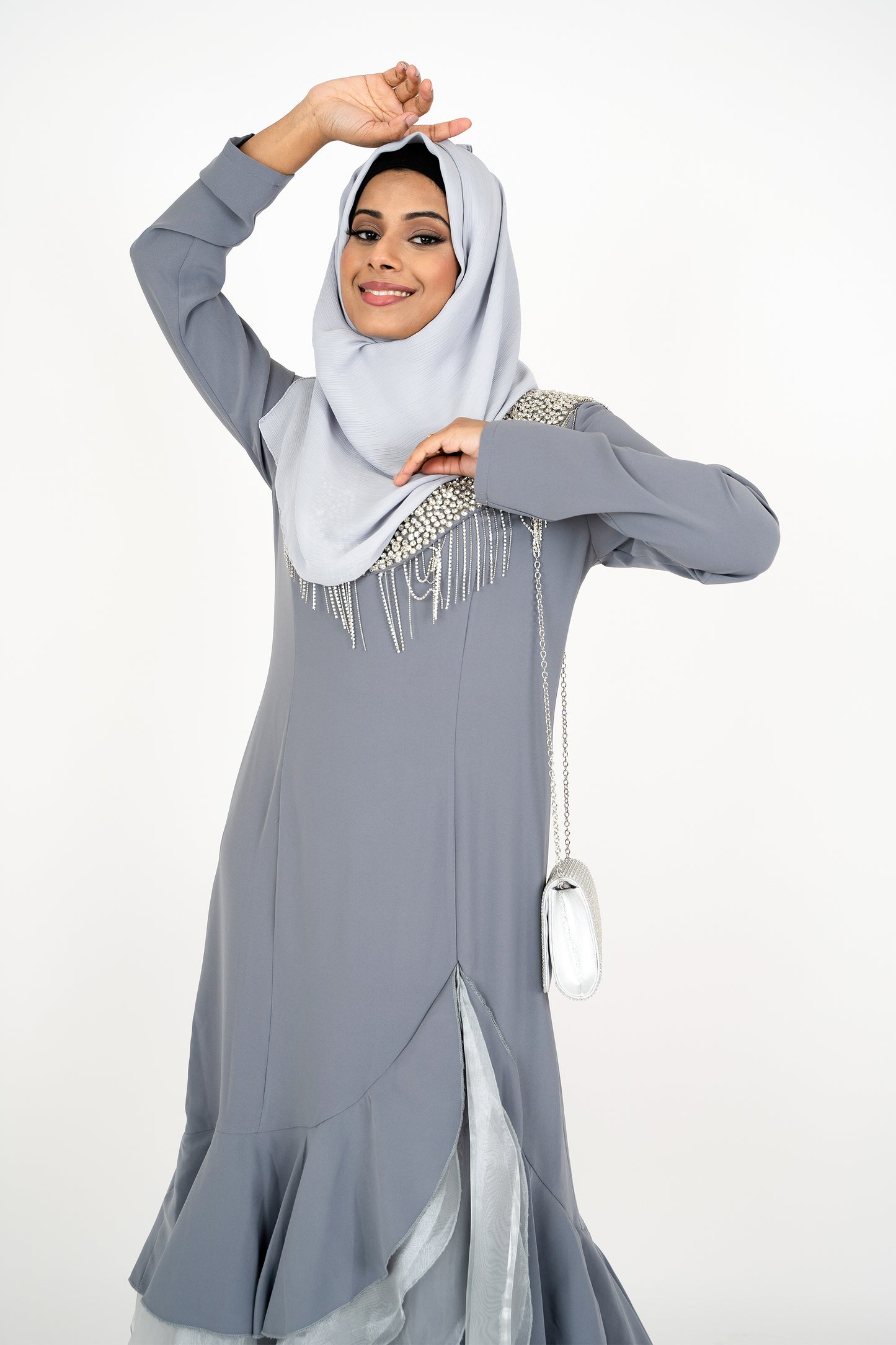 Grey Long Sleeve Muslim Evening Dress