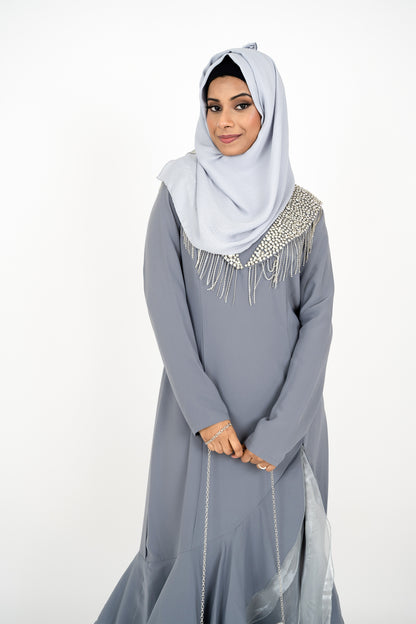 Grey Long Sleeve Muslim Evening Dress