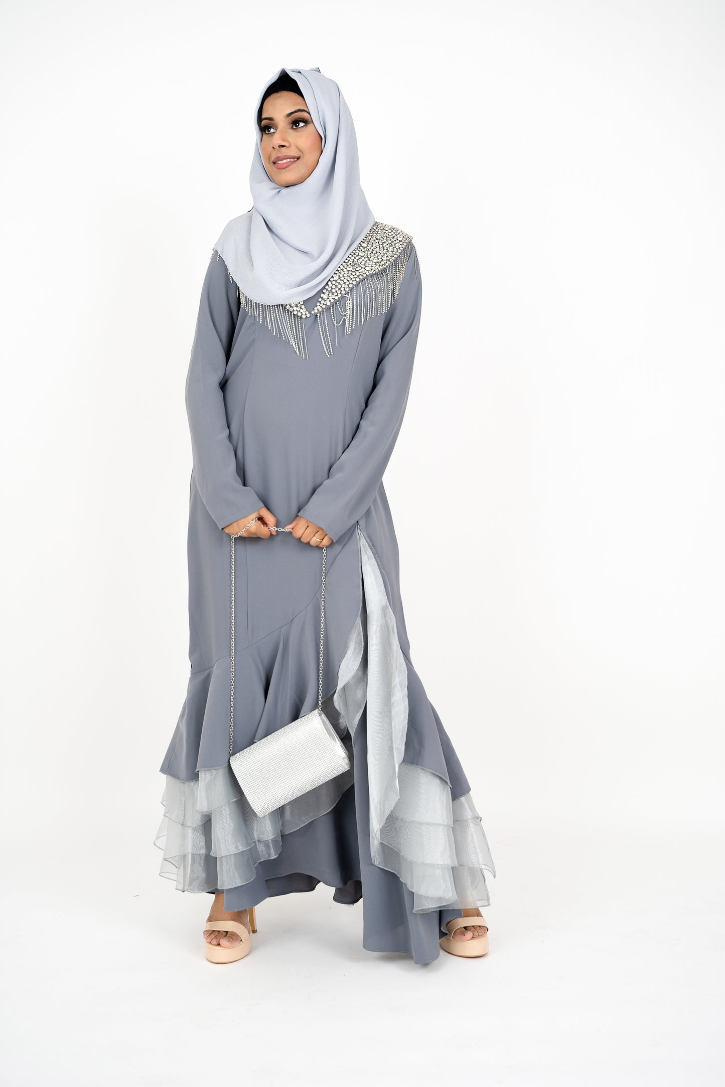 Grey Long Sleeve Muslim Evening Dress