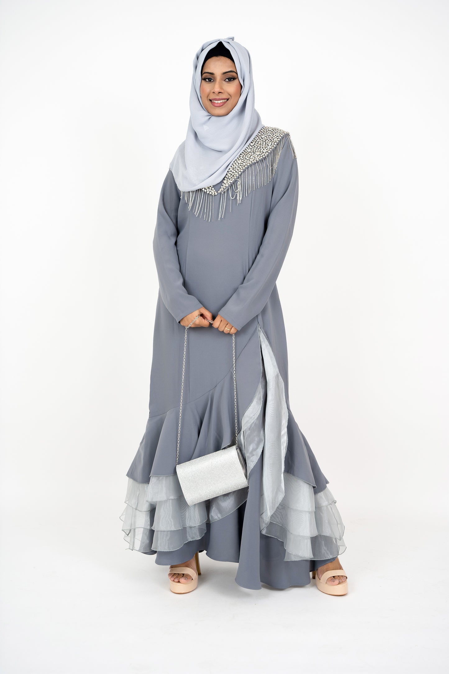 Grey Long Sleeve Muslim Evening Dress