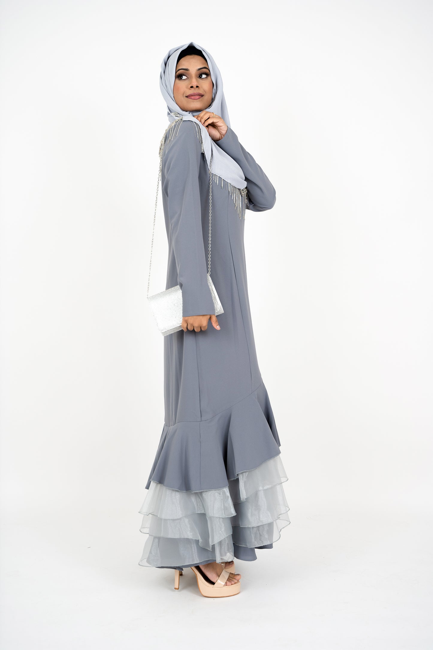 Grey Long Sleeve Muslim Evening Dress