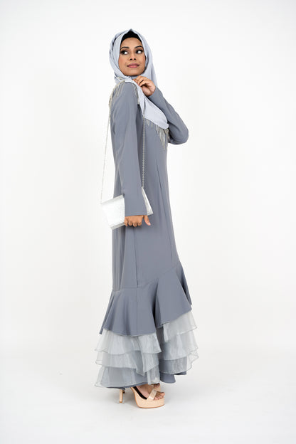 Grey Long Sleeve Muslim Evening Dress