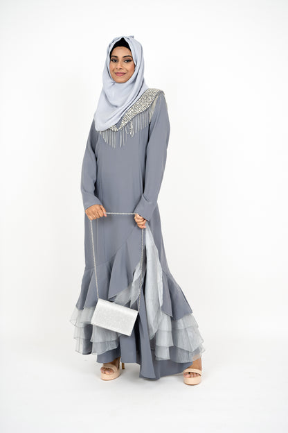 Grey Long Sleeve Muslim Evening Dress