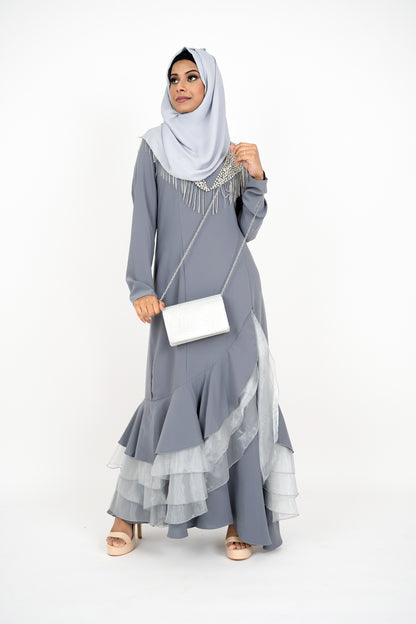 Grey Long Sleeve Muslim Evening Dress