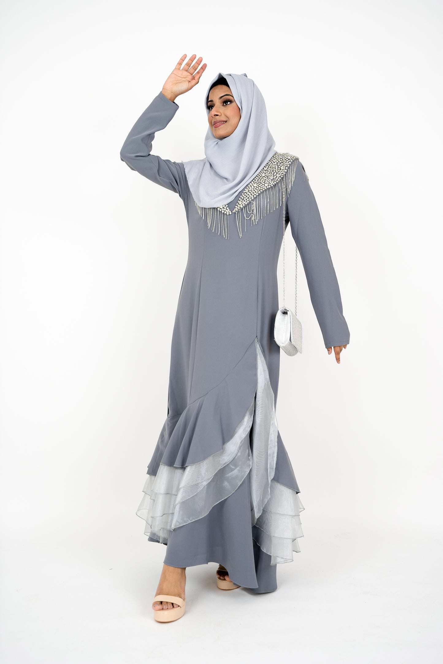 Grey Long Sleeve Muslim Evening Dress