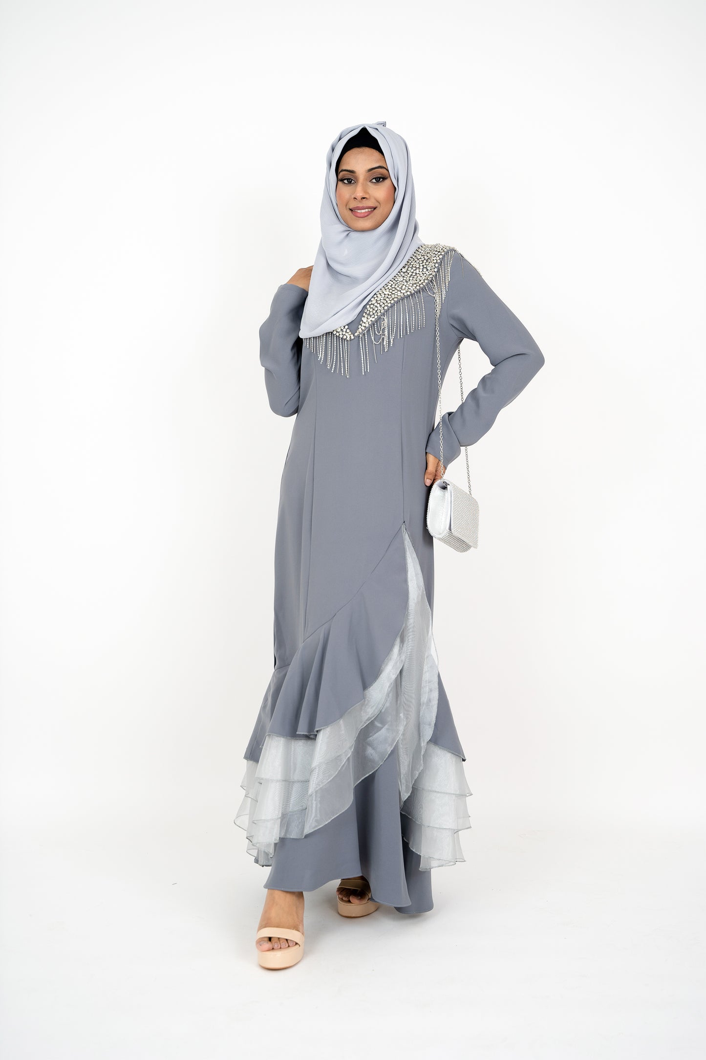 Grey Long Sleeve Muslim Evening Dress