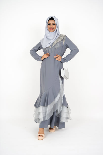 Grey Long Sleeve Muslim Evening Dress