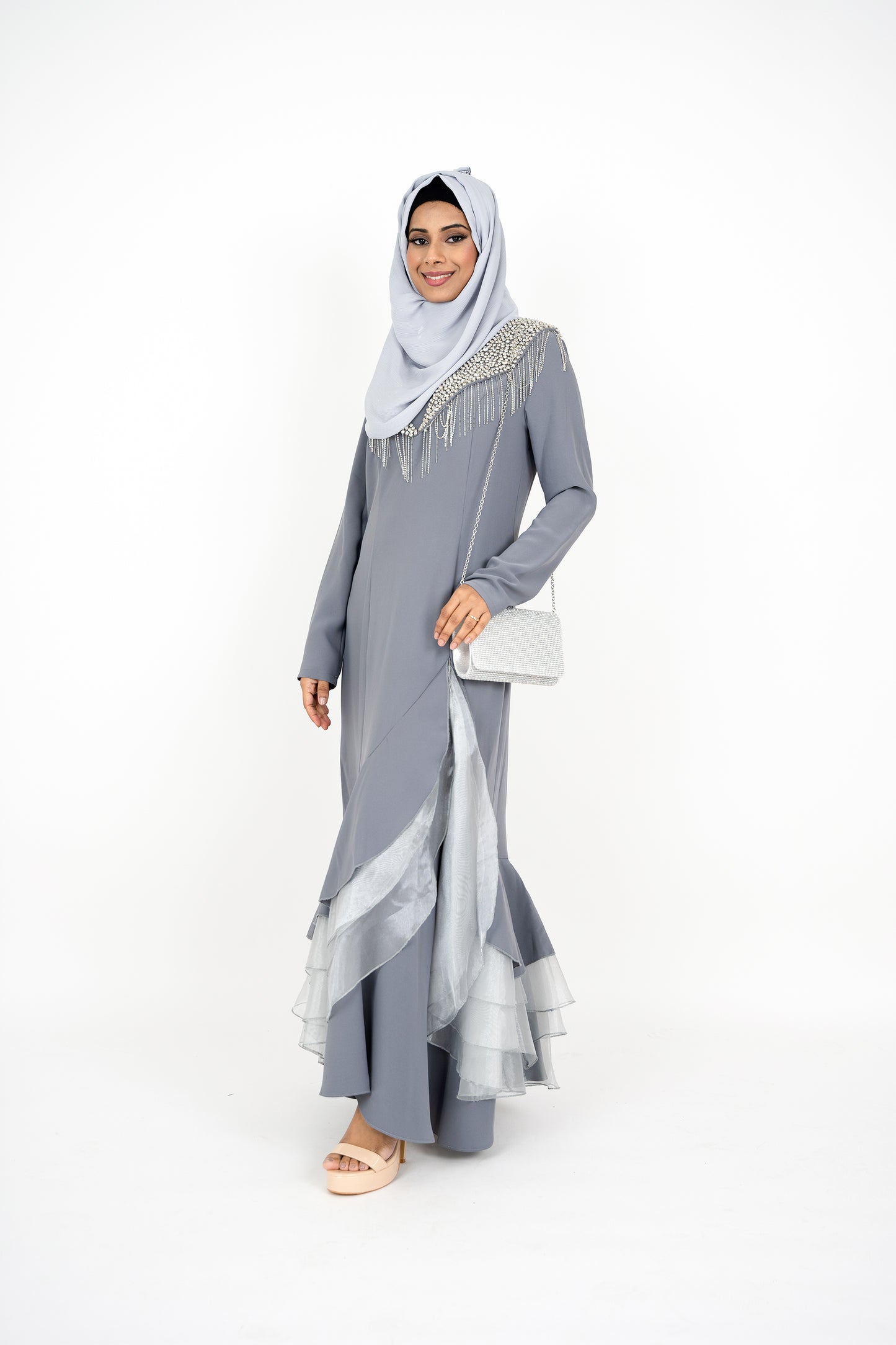 Grey Long Sleeve Muslim Evening Dress