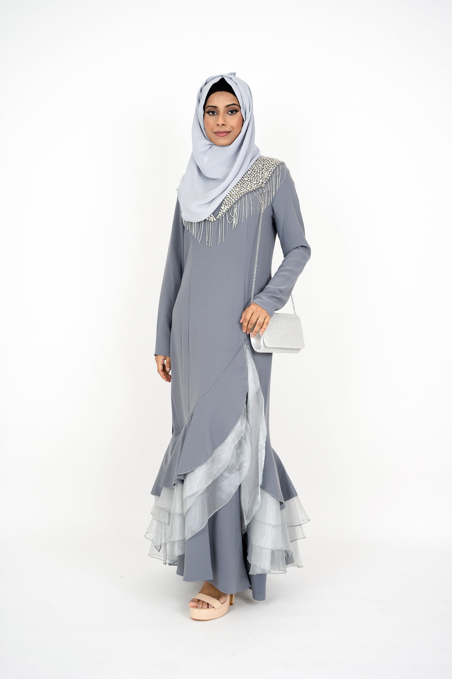 Grey Long Sleeve Muslim Evening Dress