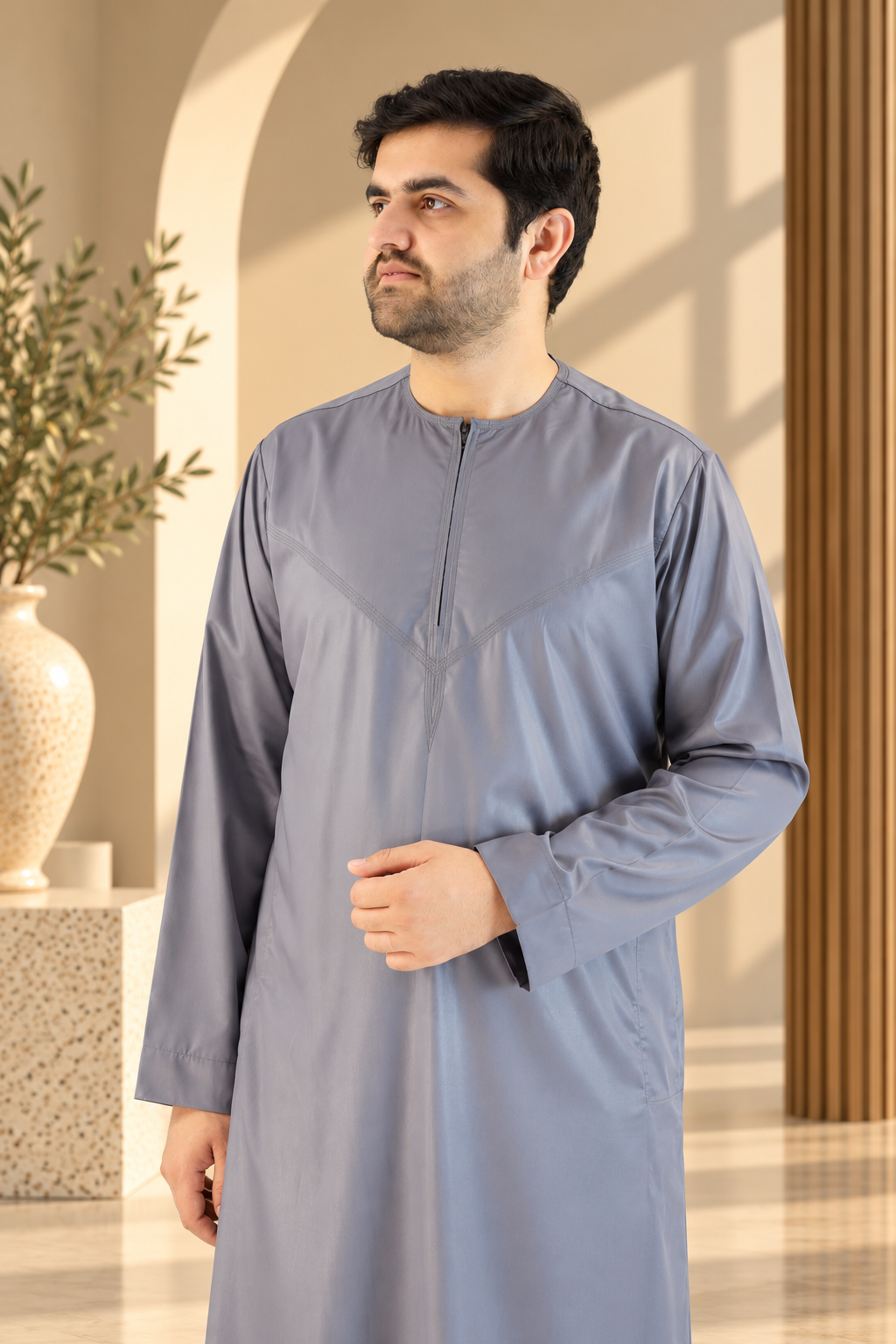 Shiny Grey Emirati Thobe with Zip and Collarless Design