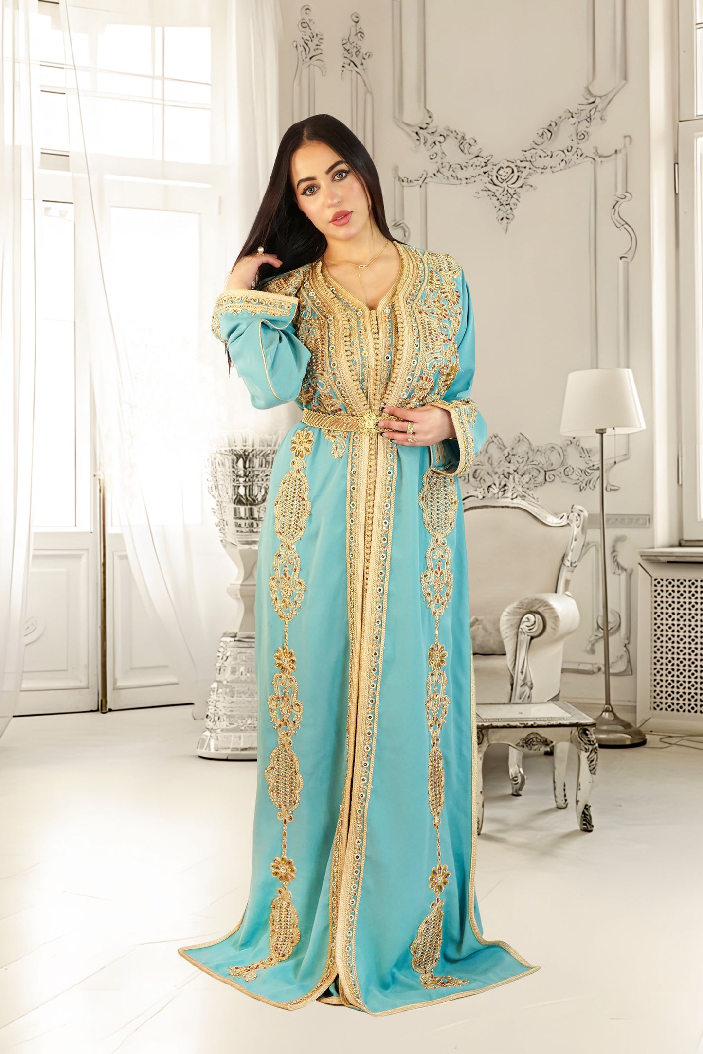 Turquoise Two-Piece Moroccan Kaftan