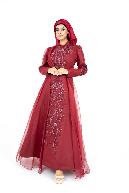 Red Long Sleeve Muslim Evening Dress