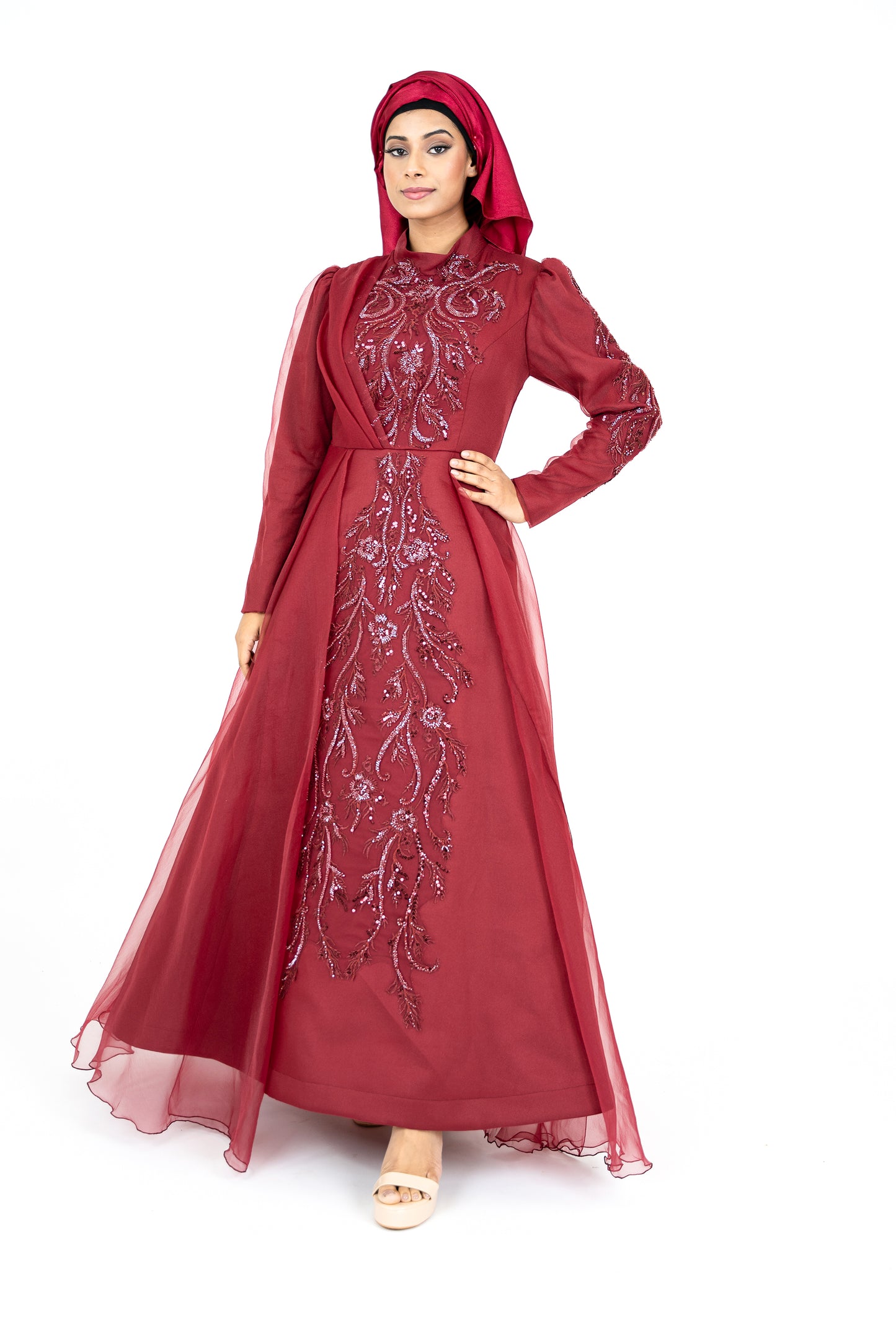 Red Long Sleeve Muslim Evening Dress