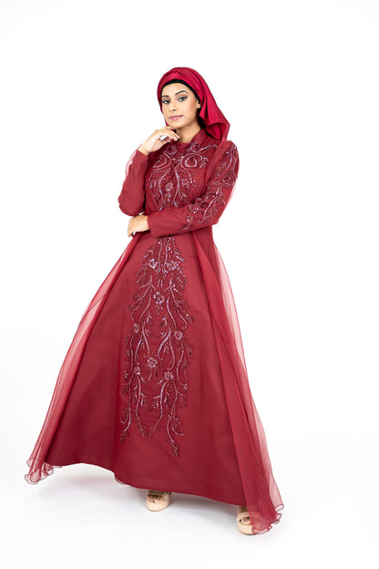 Red Long Sleeve Muslim Evening Dress