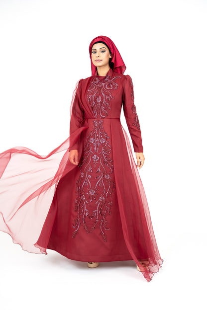 Red Long Sleeve Muslim Evening Dress