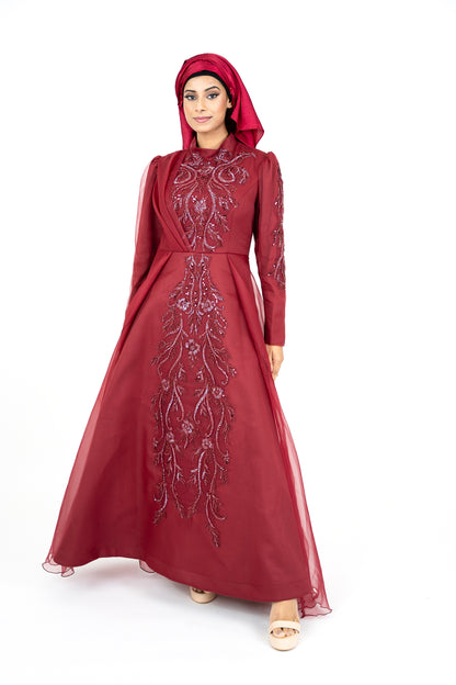 Red Long Sleeve Muslim Evening Dress