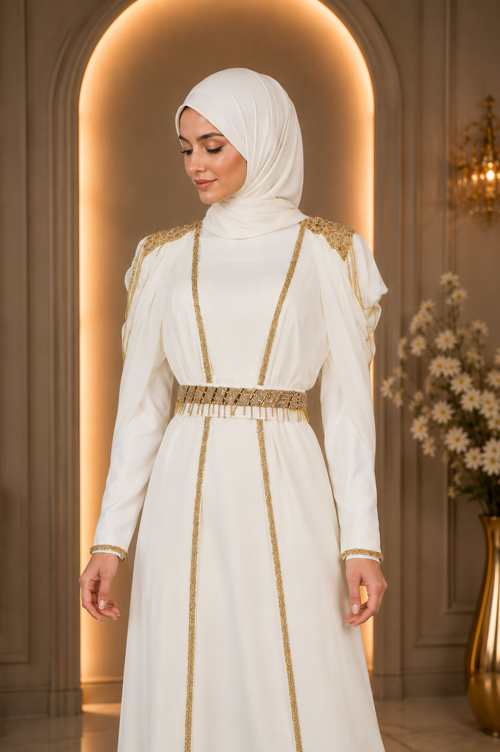 Turkish Kaftan – White & Gold Chiffon Modest Dress