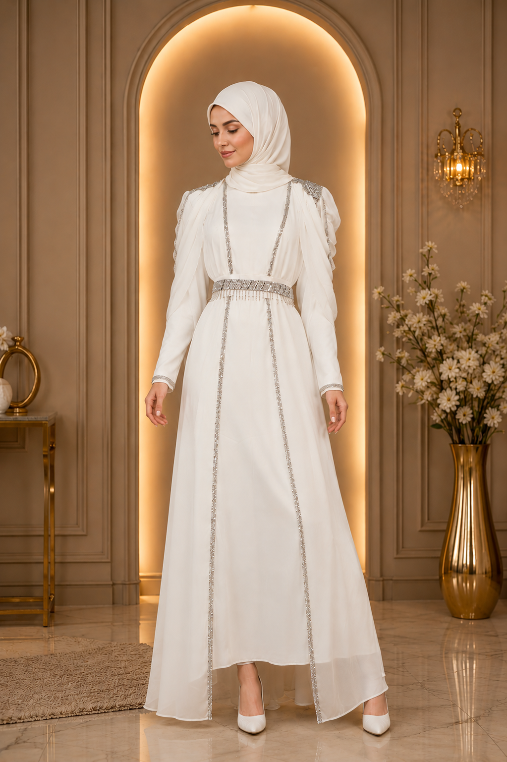 Turkish Kaftan – White & Silver Chiffon Modest Dress