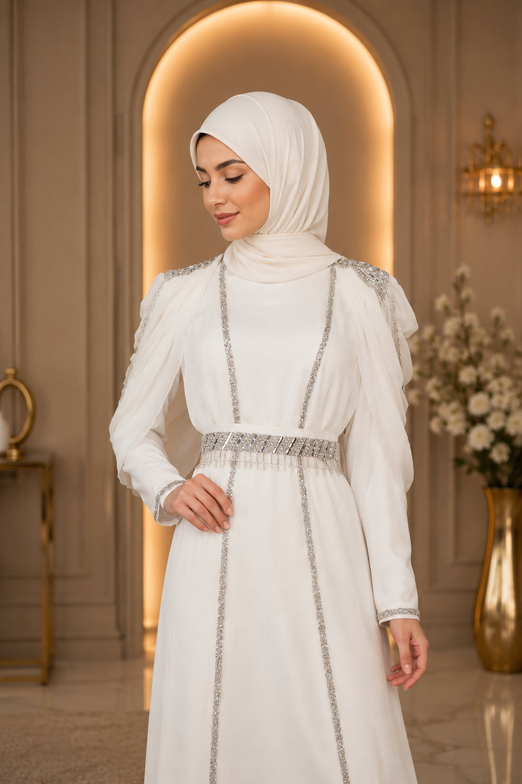Turkish Kaftan – White & Silver Chiffon Modest Dress