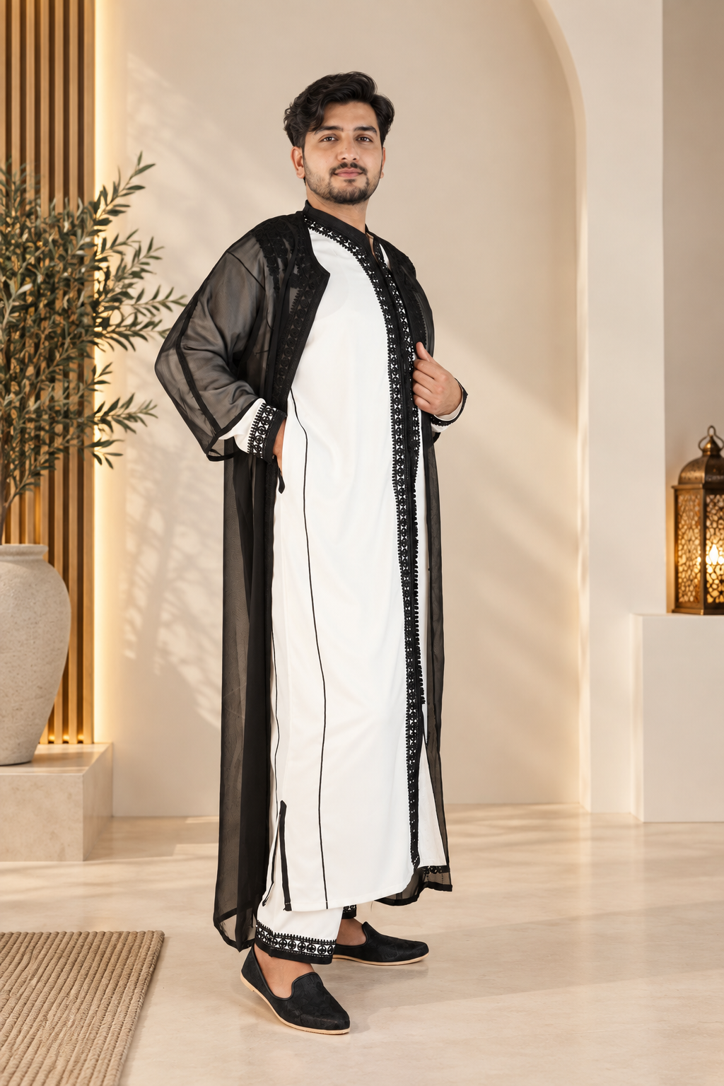 Men’s Black & White Jabador – Elegant Traditional Moroccan Style Outfit
