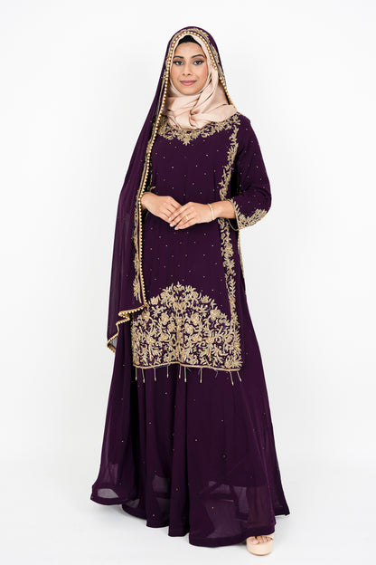 Wine Georgette Straight Cut Sharara Suit