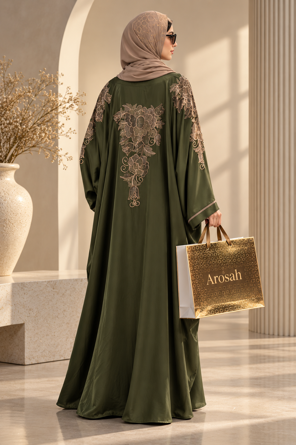 Olive Green Batwing Embroidered Abaya