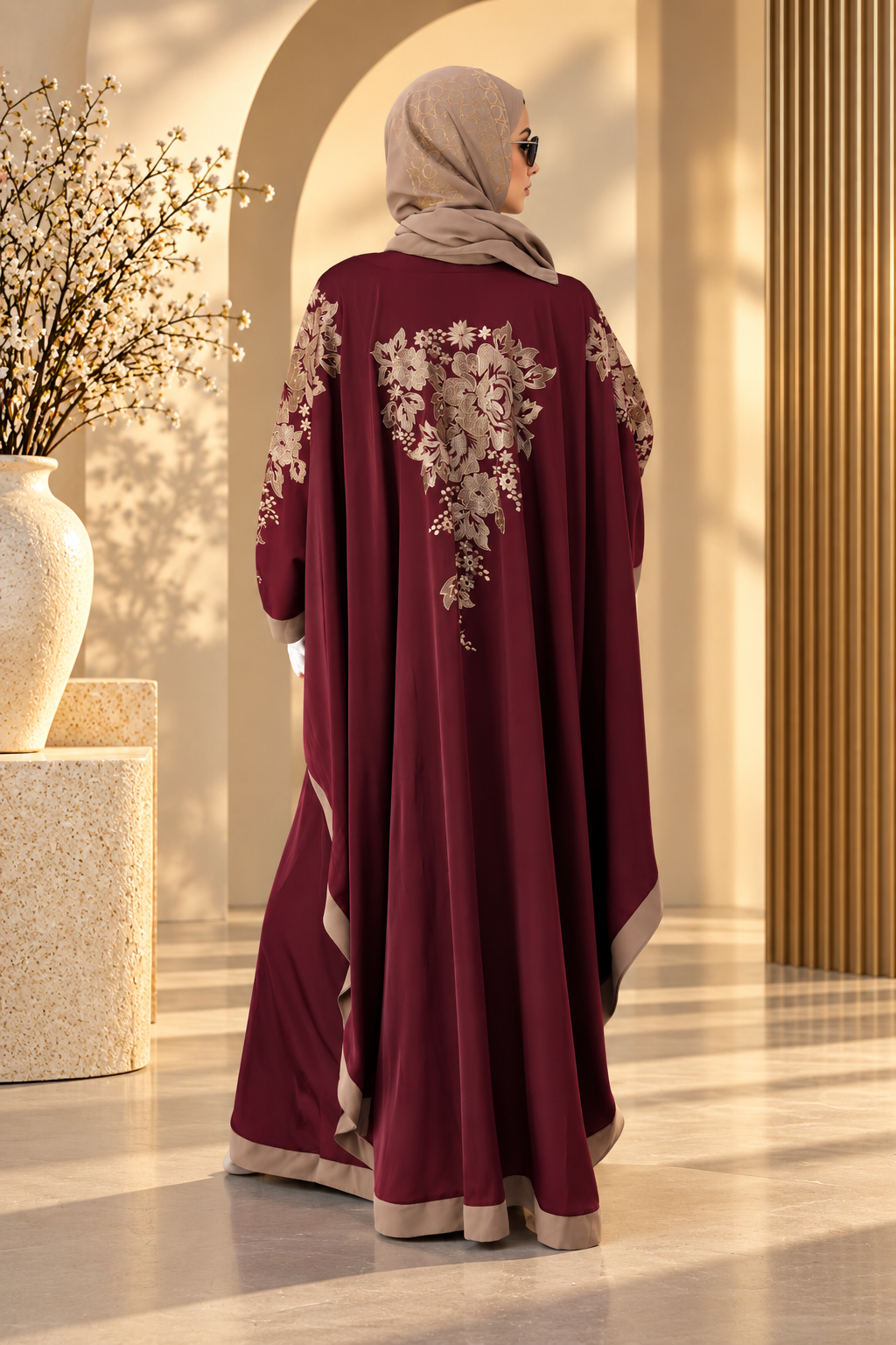 Batwing Embroidered Abaya – Elegant Burgundy & Beige