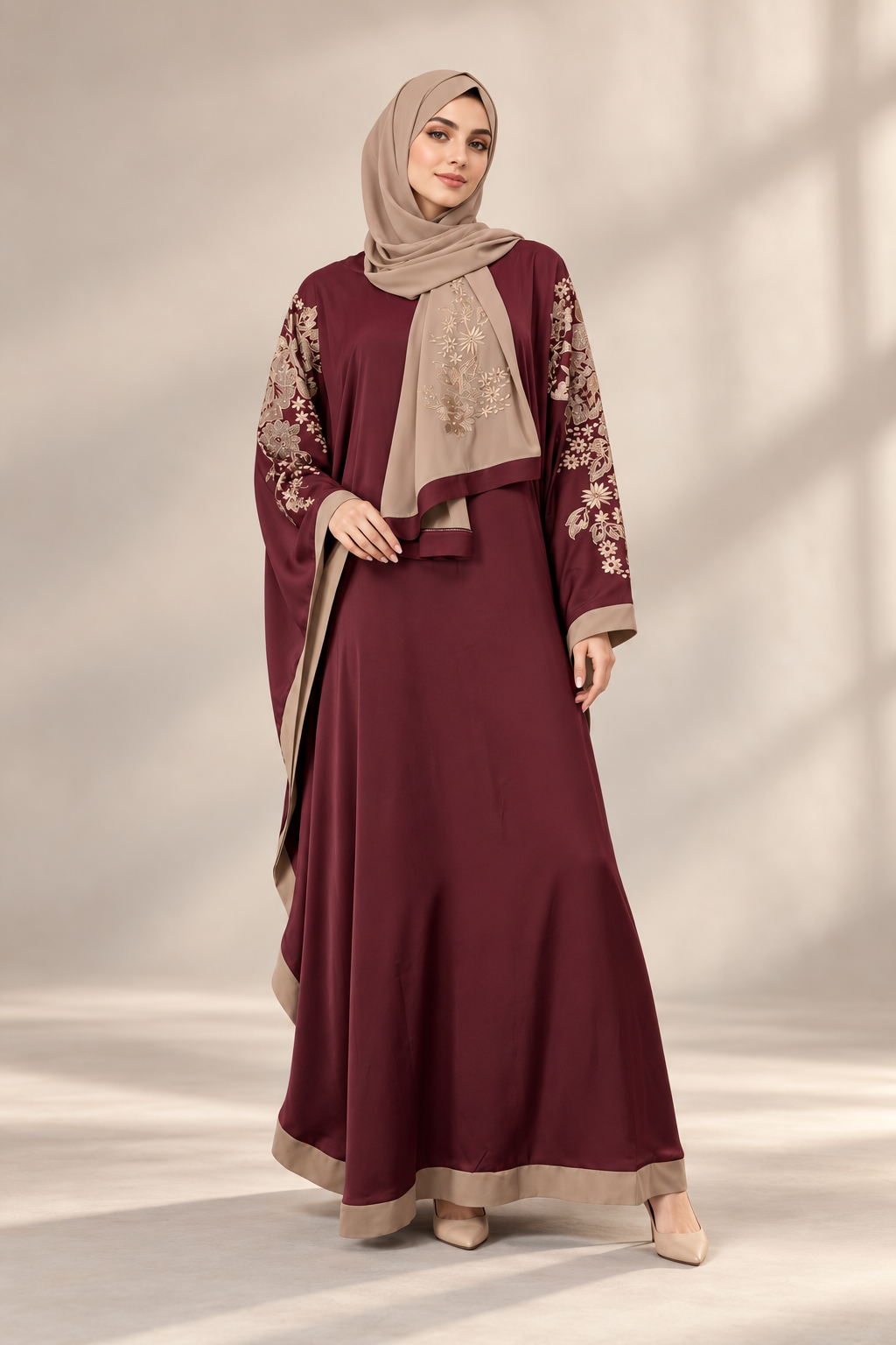 Batwing Embroidered Abaya – Elegant Burgundy & Beige