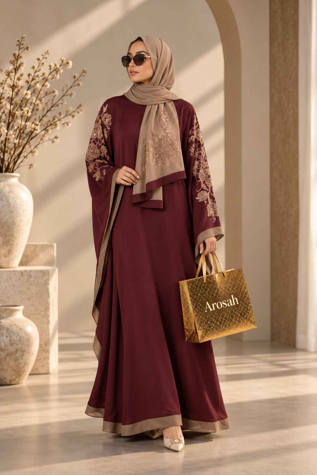 Batwing Embroidered Abaya – Elegant Burgundy & Beige