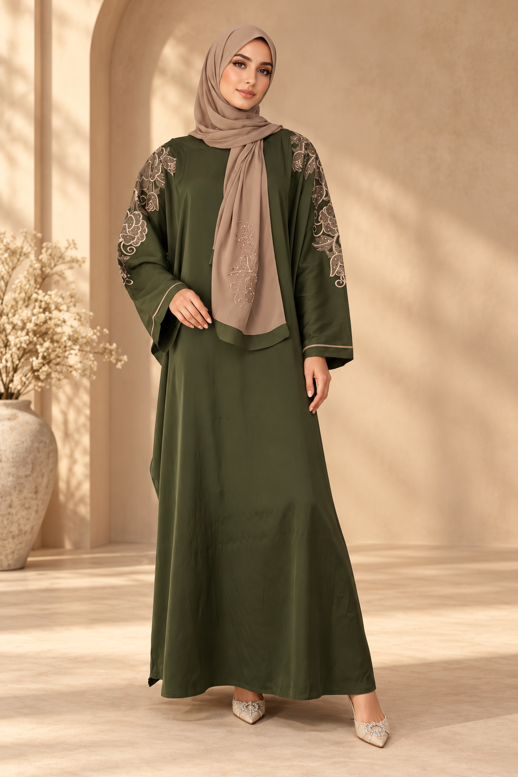 Olive Green Batwing Embroidered Abaya