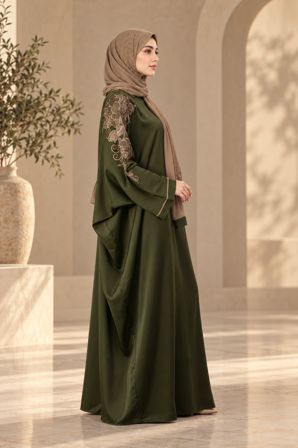 Olive Green Batwing Embroidered Abaya