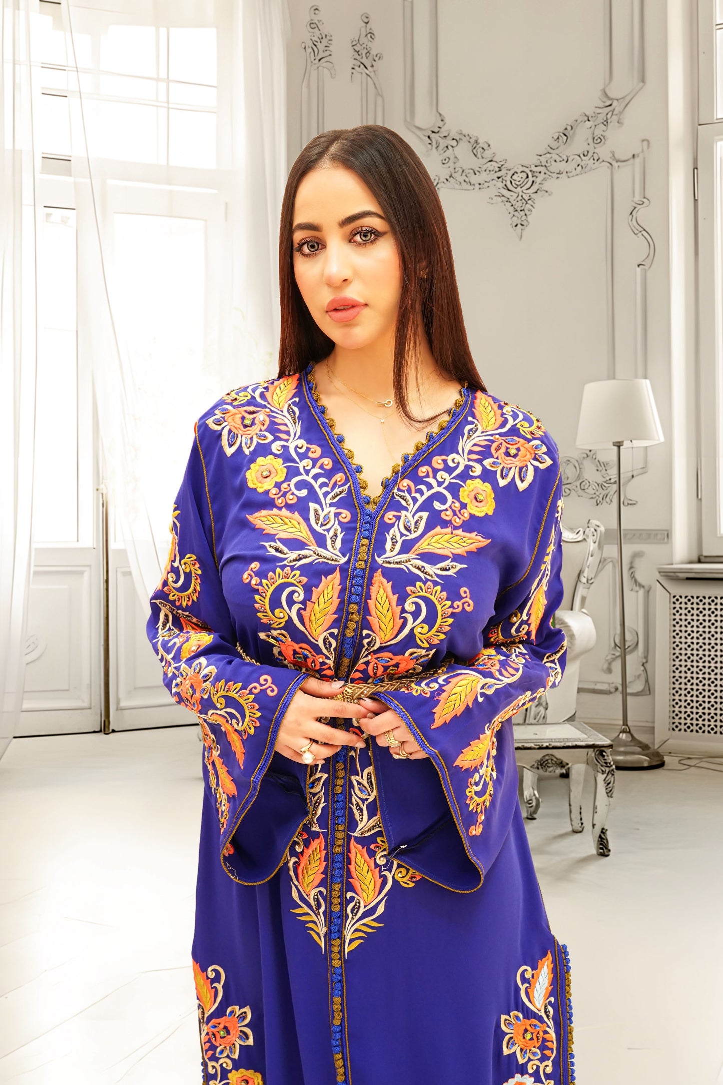 Moroccan Elegance: Single Kaftan with Side Embroidery and Stone Accents – Crape Silk Majesty