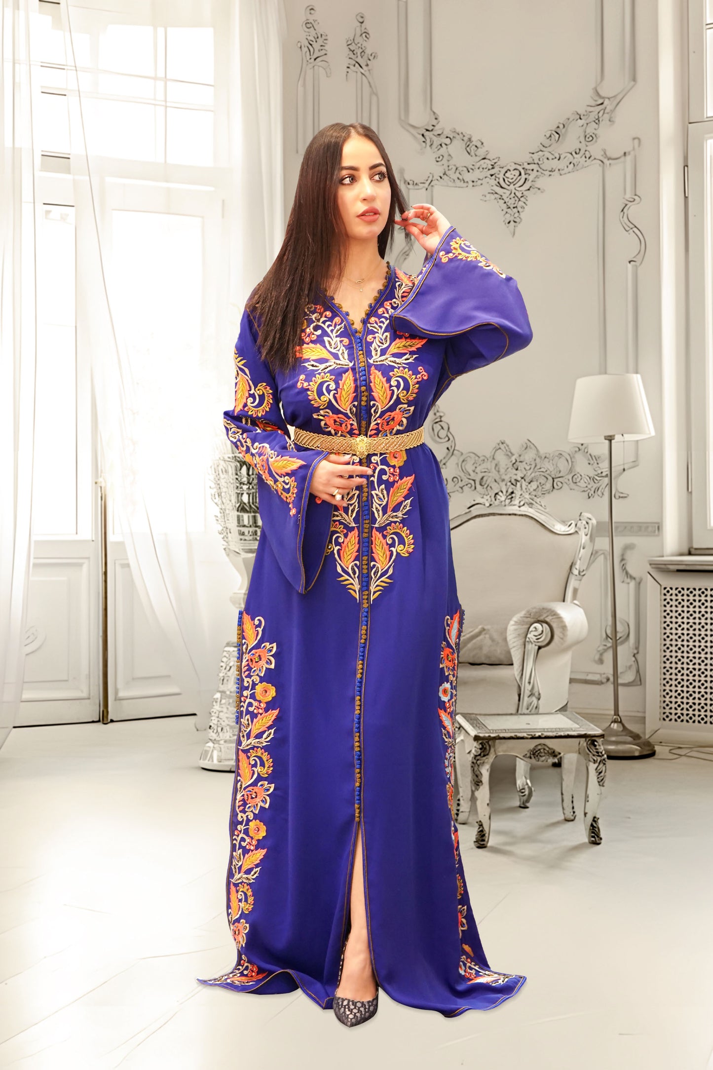 Moroccan Elegance: Single Kaftan with Side Embroidery and Stone Accents – Crape Silk Majesty