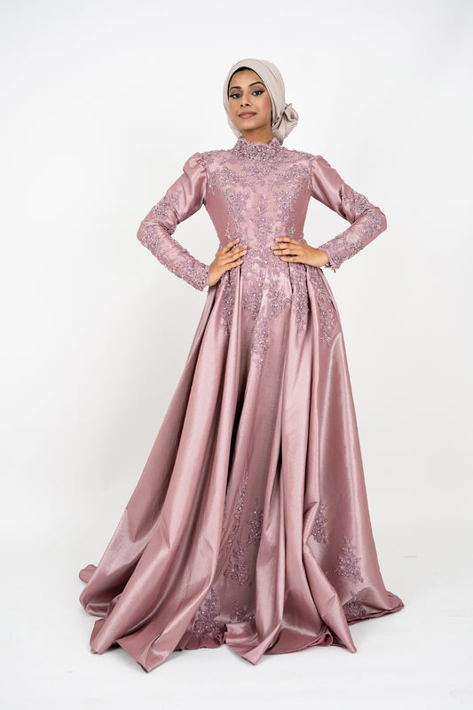 Dust Pink Islamic Muslim Arabian Wedding Dress with Long Sleeves Crew Neck