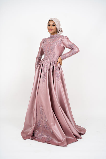 Dust Pink Islamic Muslim Arabian Wedding Dress with Long Sleeves Crew Neck