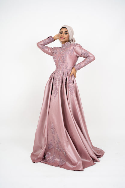 Dust Pink Islamic Muslim Arabian Wedding Dress with Long Sleeves Crew Neck