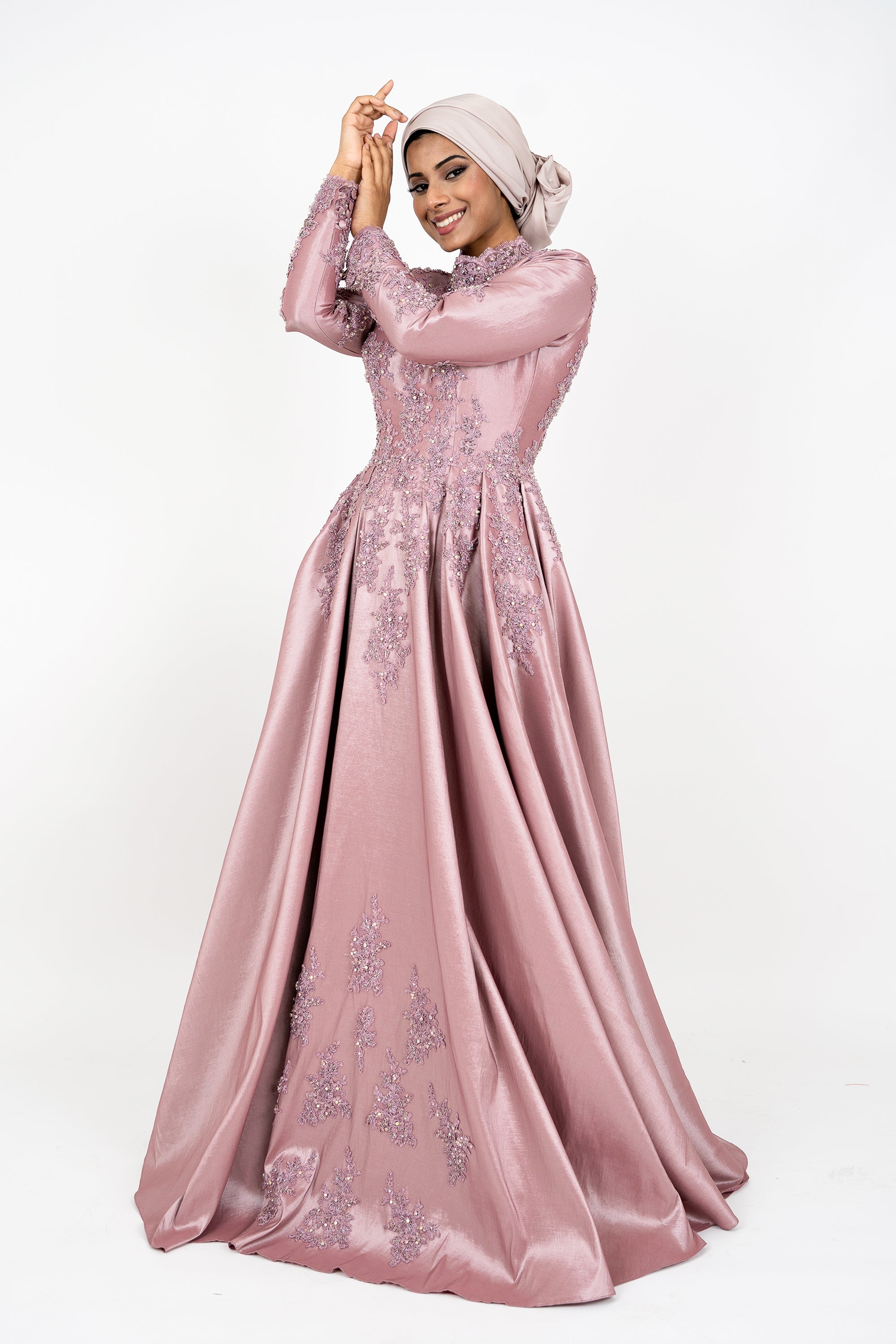 Dust Pink Islamic Muslim Arabian Wedding Dress with Long Sleeves Crew Aroosah